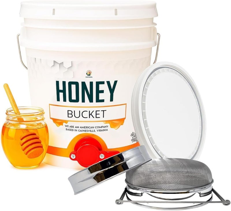 SunVara Honey Bucket 5 Gallon Bucket with Spigot Extractor Equipment Food-Grade PP 20L Capacity + Honey Strainer Filter Honey Filter 2 Piece Honey Double Strainer Honey Extractor Equipment Stainless Steel - Image 1